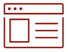 Un dibujo de línea roja de una pantalla de computadora con tres puntos y tres líneas.
