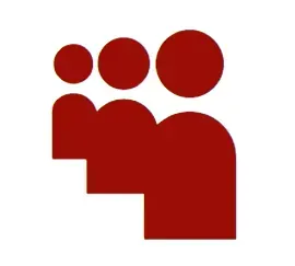 Un icono rojo de tres personas con círculos alrededor de ellas.