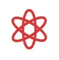 Un icono rojo de un átomo sobre un fondo blanco.
