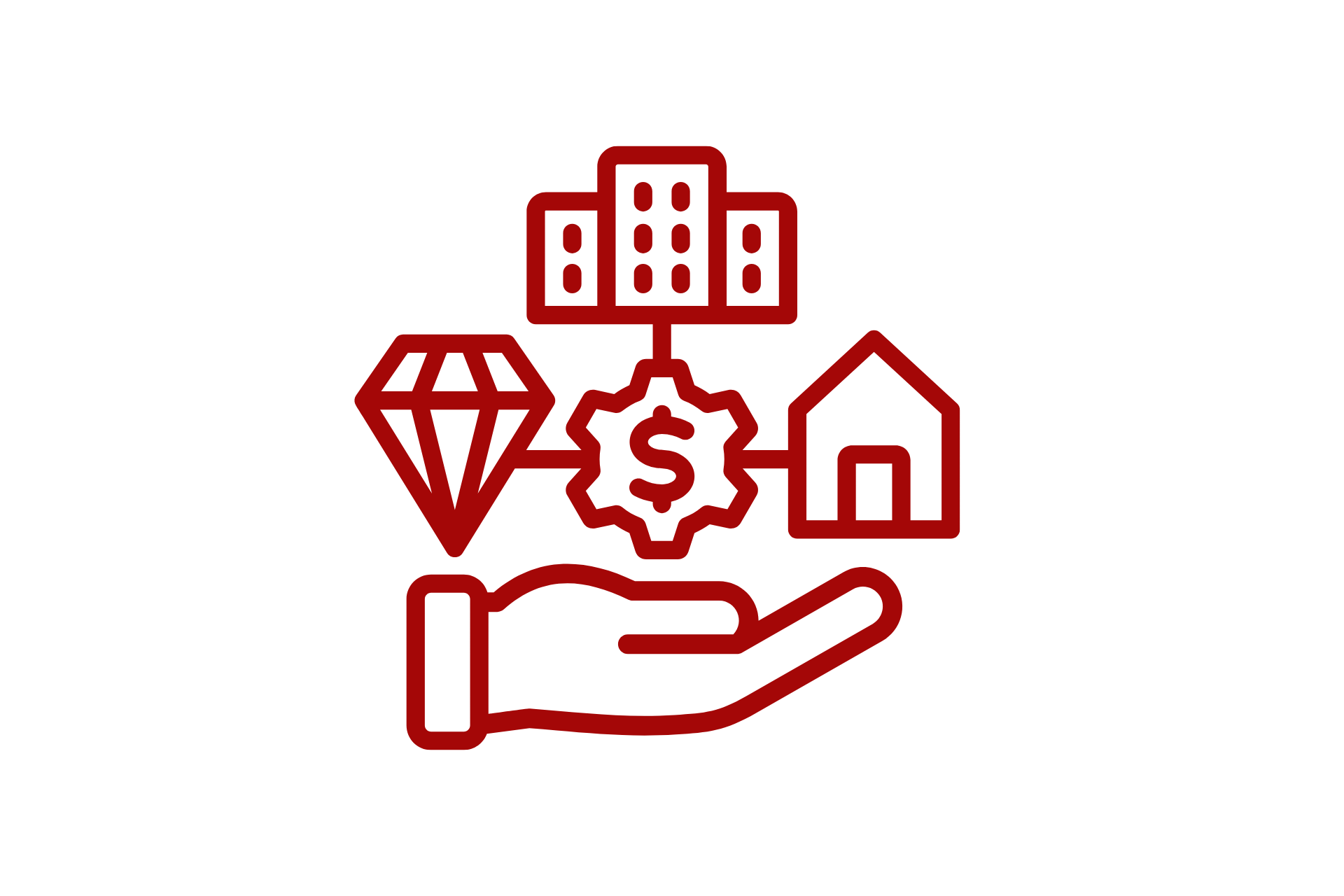 Una mano sostiene un diamante, un signo de dólar, una casa y un engranaje.