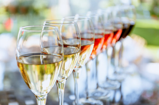 Una fila di bicchieri da vino riempiti con diversi tipi di vino