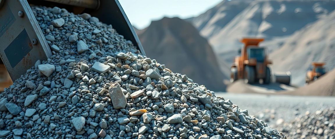 Camion-benne déchargeant du gravier sur un chantier routier, avec des montagnes en arrière-plan.