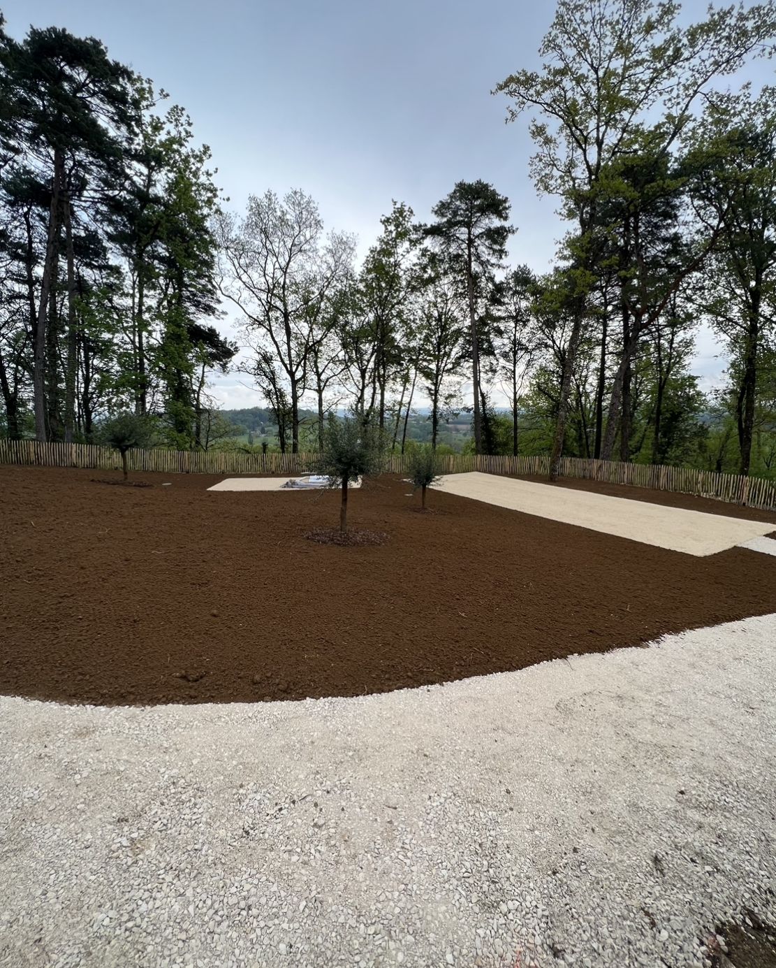 Chemin de gravier serpentant à travers un parc boisé, autour d'une zone de paillis brun où poussent de jeunes arbres.