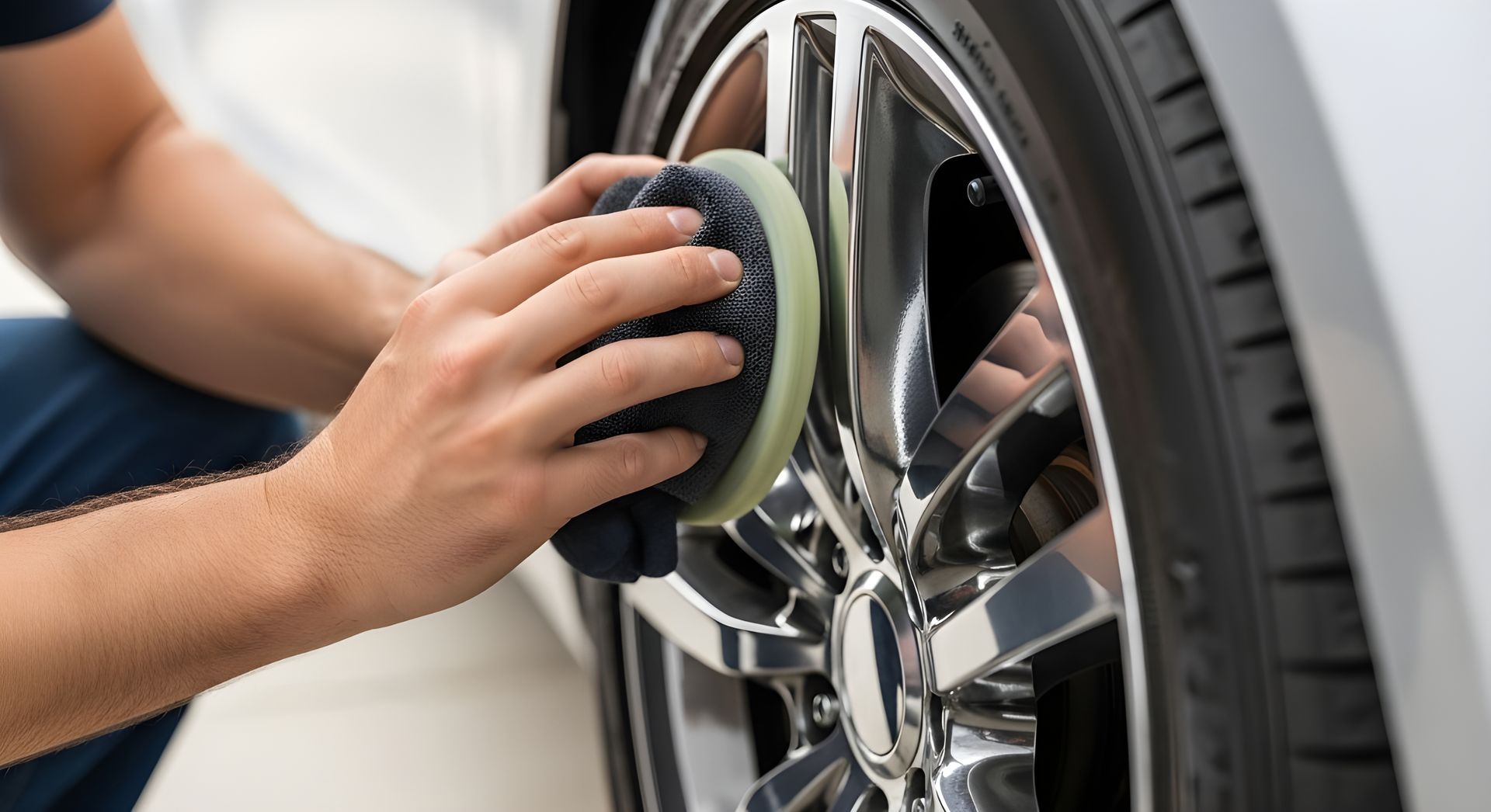 Une personne utilise un tampon applicateur circulaire en mousse pour polir une jante chromée brillante.