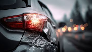 Gros plan sur l'arrière d'une voiture argentée, montrant d'importants dégâts à la carrosserie près du feu arrière allumé.