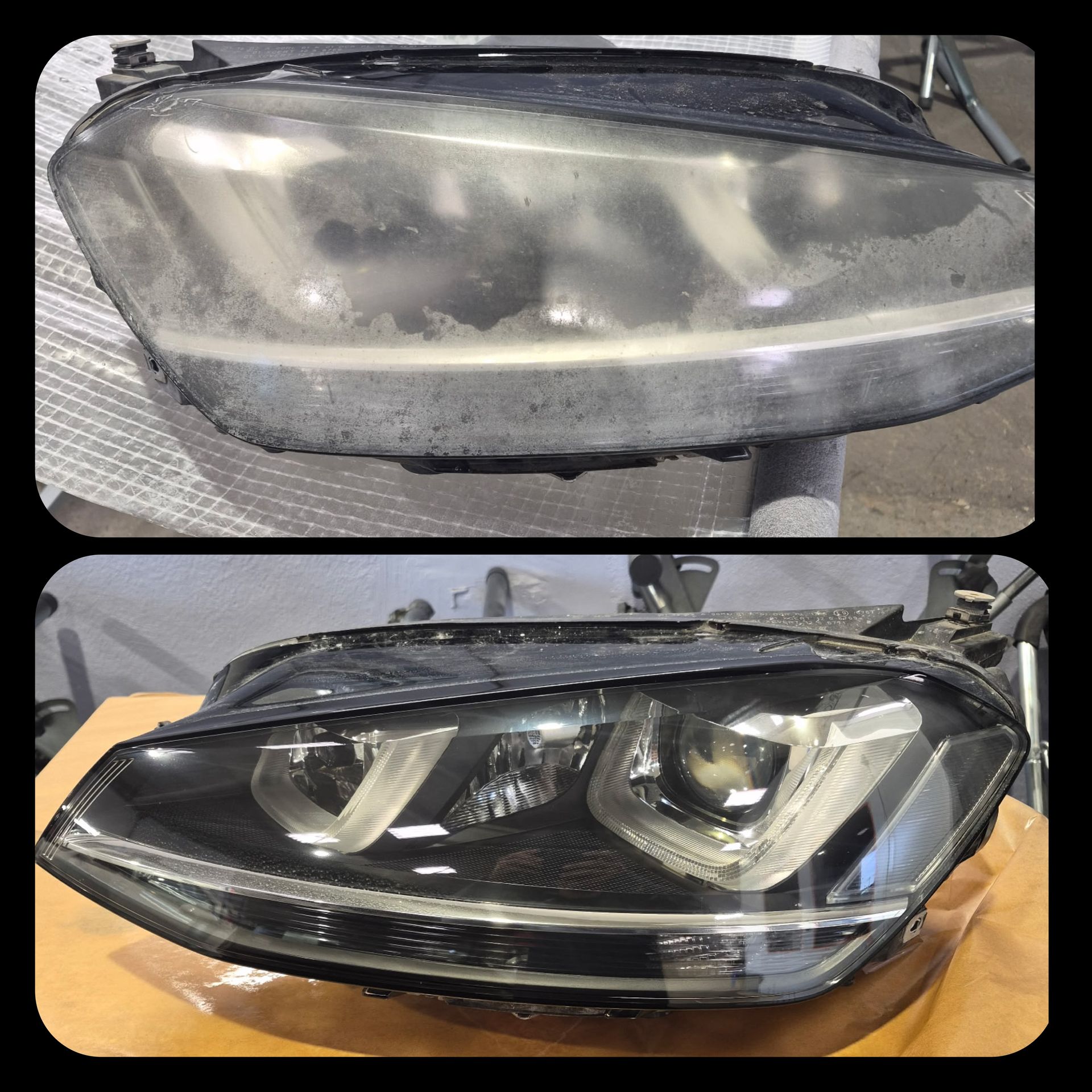 Comparaison avant/après montrant un phare de voiture opaque et oxydé, restauré pour retrouver une finition claire et brillante.