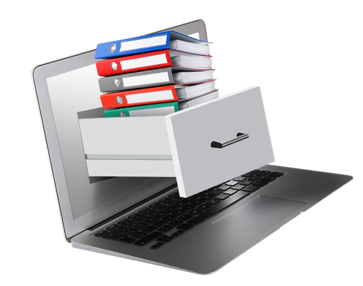 A laptop with a drawer open and a stack of binders coming out of it.