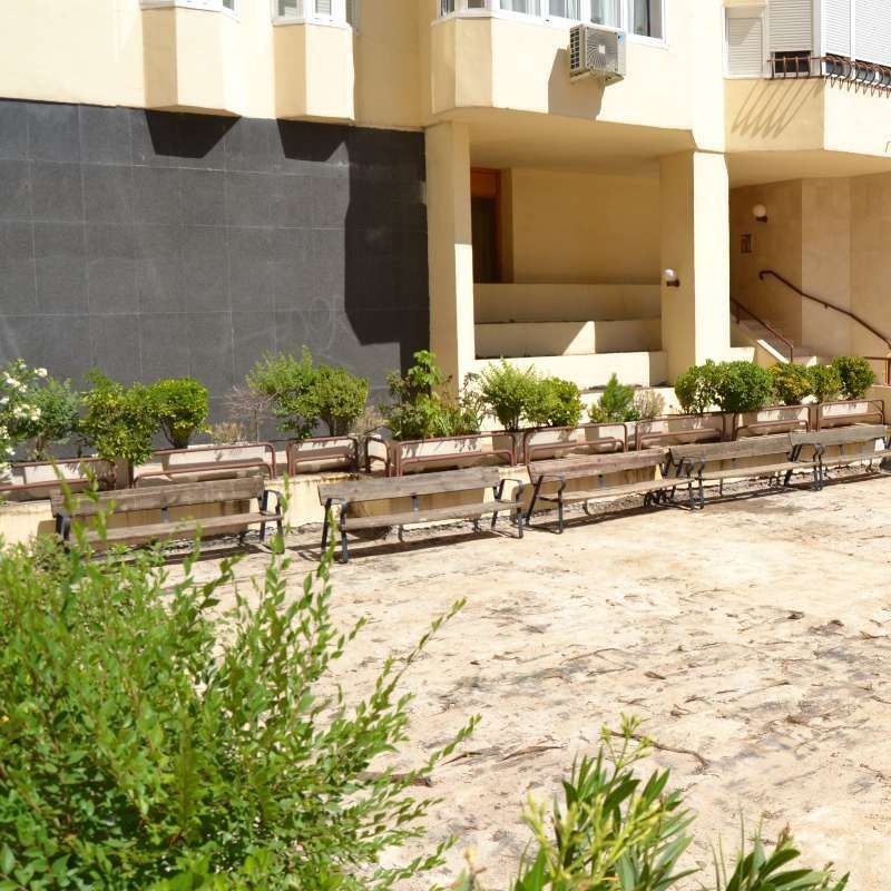 Una fila de bancos con plantas en macetas frente a un edificio.