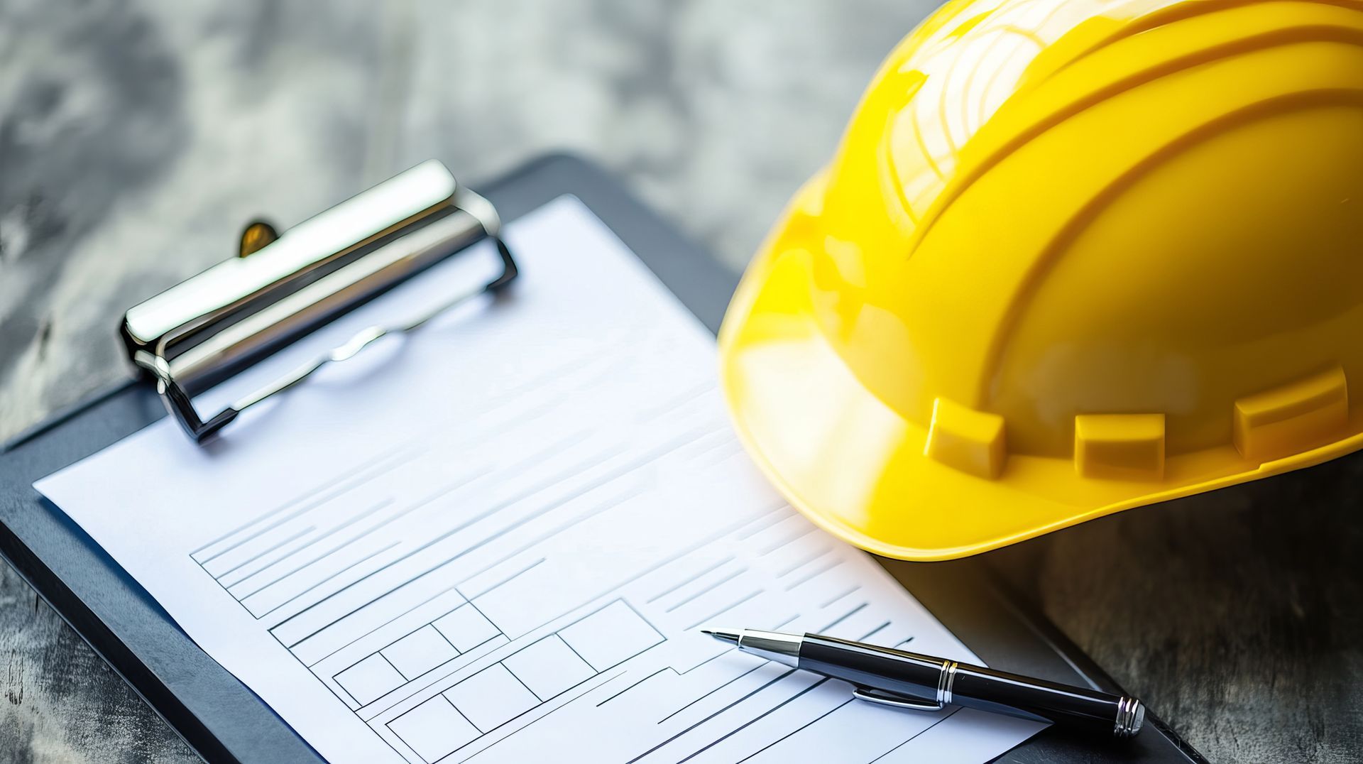 Casque de chantier, stylo et feuille de papier