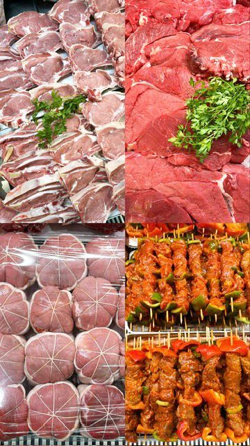 Présentation de côtelettes d'agneau, morceaux de bœuf, paupiettes de veau et brochettes de poulet marinées.