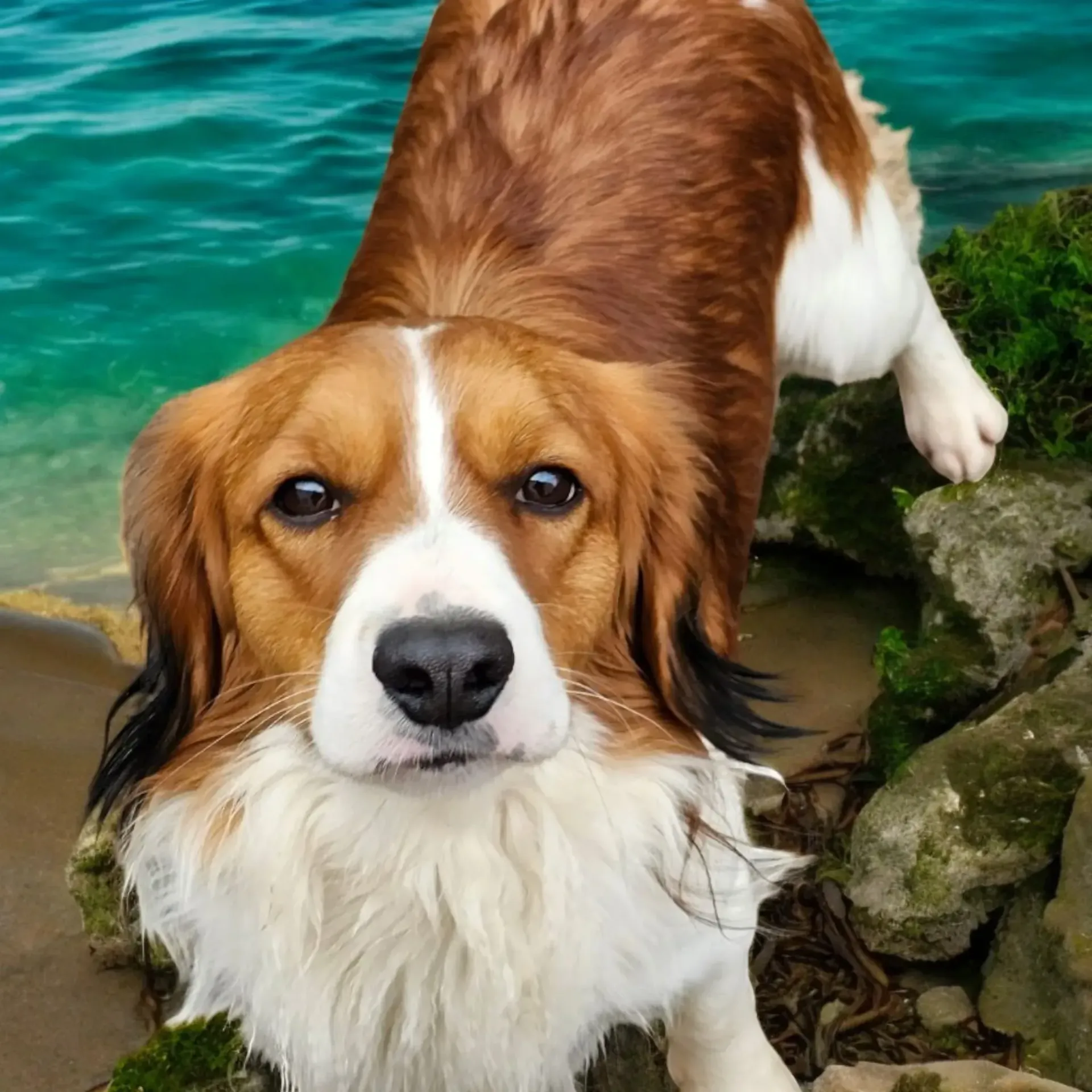 Ein braun-weißer Hund, der neben einem Gewässer steht