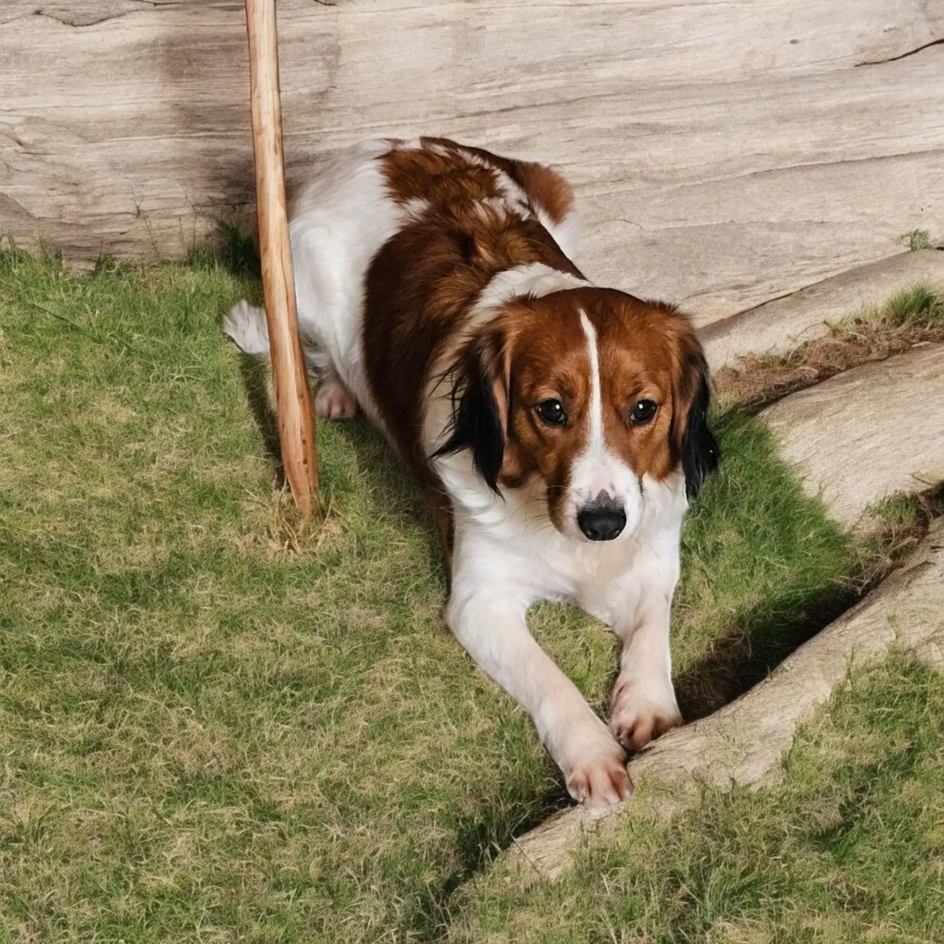 Ein braun-weißer Hund liegt auf dem Gras