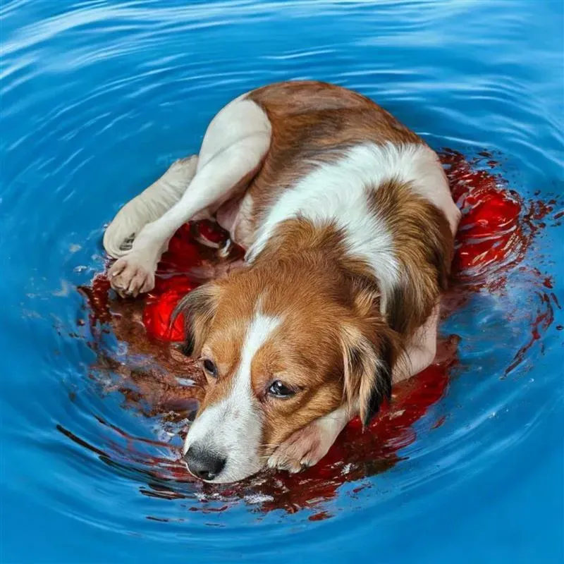 Ein braun-weißer Hund liegt im Wasser