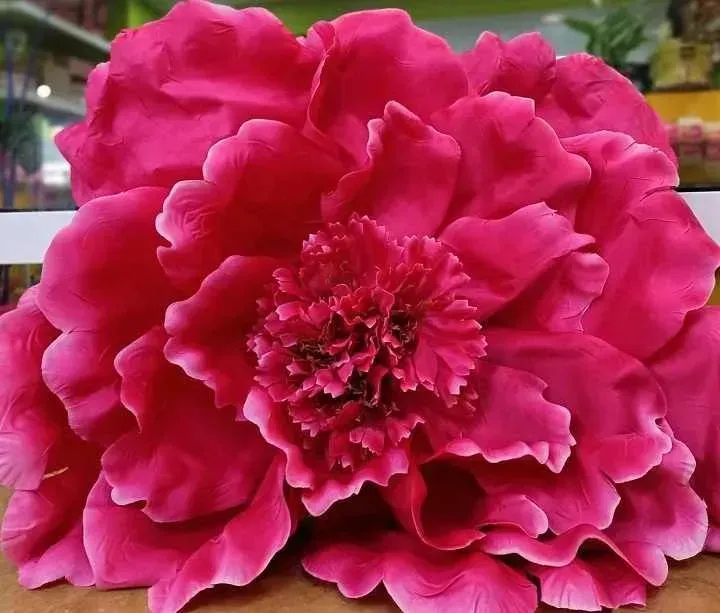 Un primer plano de una flor rosa sobre una mesa.