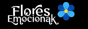 Logo de &ldquo;Flores Emocionak&rdquo; en blanco con una flor azul sobre fondo negro