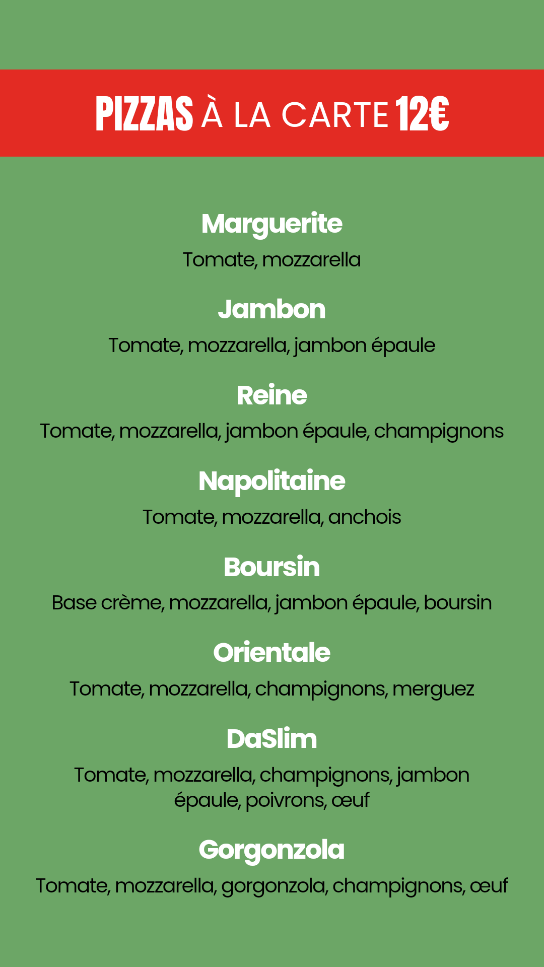 Carte des différentes pizzas