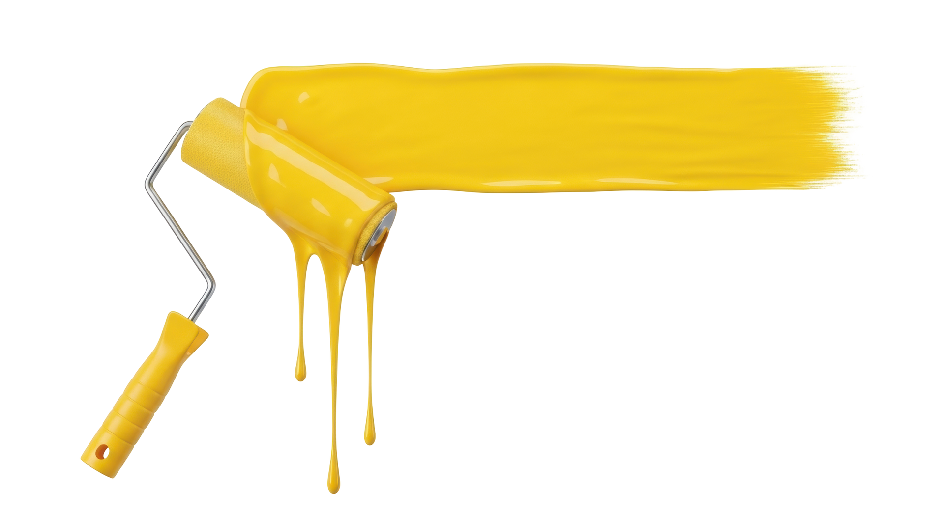 Un rouleau à peinture jaune applique une épaisse couche horizontale de peinture jaune vif, d'où s'écoulent des gouttes.