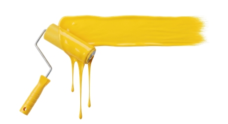Un rouleau à peinture jaune applique une épaisse couche horizontale de peinture jaune vif, d'où s'écoulent des gouttes.