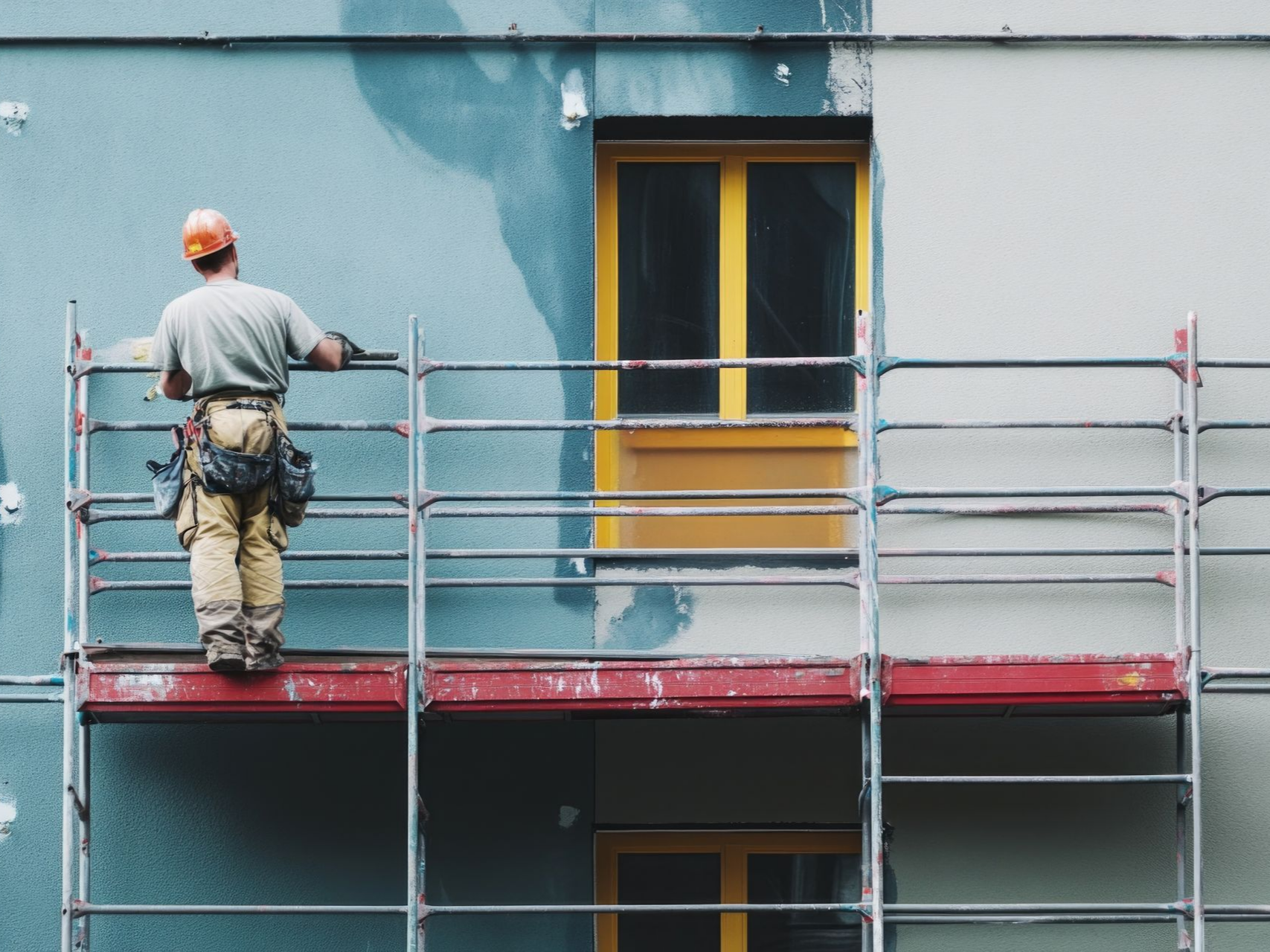 Un ouvrier du bâtiment, casque de chantier sur la tête, se tient sur un échafaudage métallique en train de peindre un mur extérieur bleu près d'une fenêtre jaune.