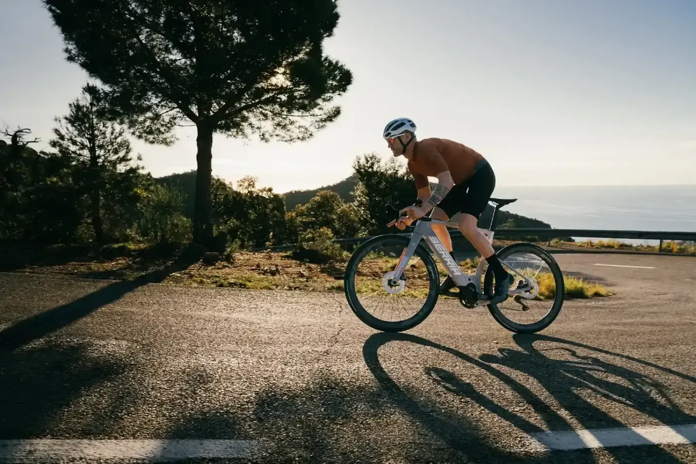 Ciclista montando en bicicleta de carretera en una carretera pavimentada, recortado contra un árbol y el mar.