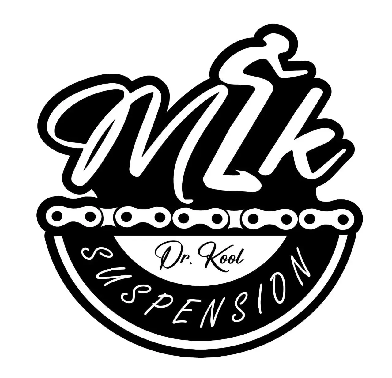 Logotipo: suspensión MLK, figura de ciclista sobre eslabones de cadena, texto "Dr. Kool".