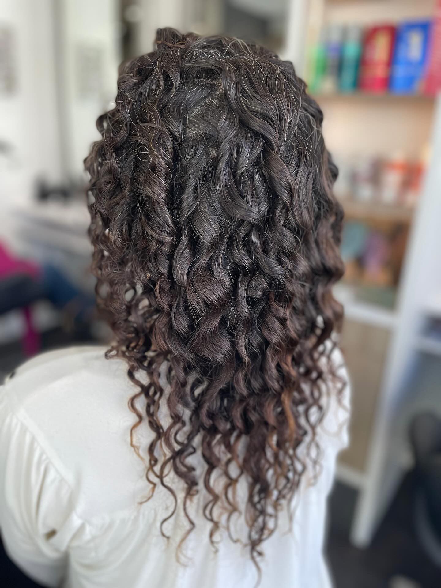 Gros plan sur des cheveux brun foncé bouclés avec des reflets blancs, coiffés et tombant dans le dos d'une personne.