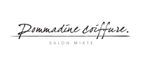 Logo pour &laquo; Pommadine coiffure &raquo;, un salon mixte, avec texte manuscrit et un fin trait de soulignement.