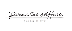 Logo pour &laquo; Pommadine coiffure &raquo;, un salon mixte, avec texte manuscrit et un fin trait de soulignement.