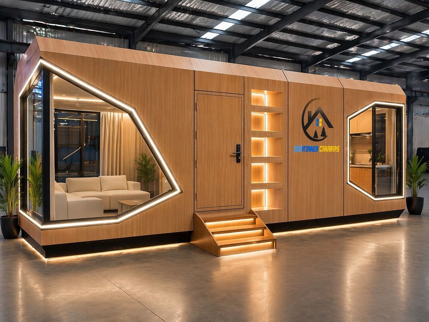 Minicasa moderna de exposición con revestimiento de madera, aberturas iluminadas en las ventanas