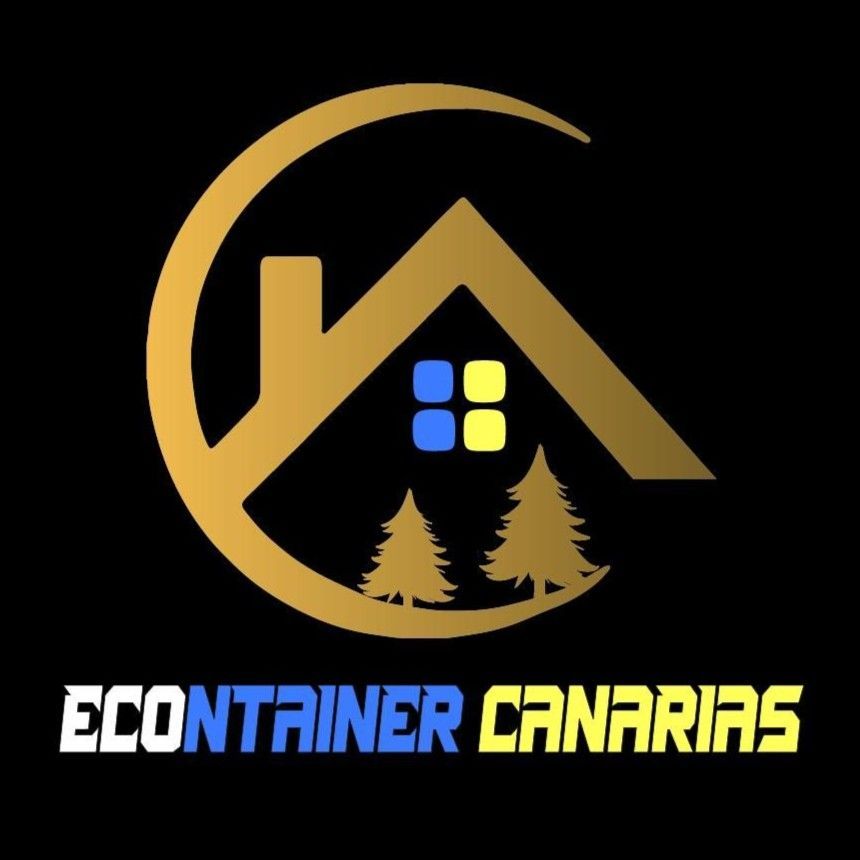 Logotipo de EcoContainer Canarias con casa y luna doradas, ventana azul-amarilla, árboles y texto sobre fondo negro.