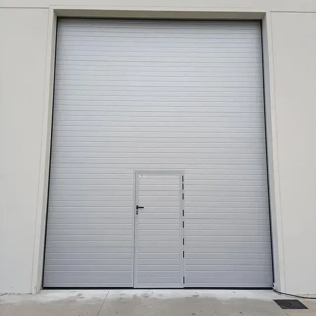 Una gran puerta de garaje blanca con una pequeña puerta debajo.