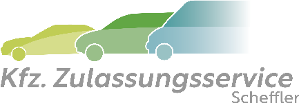 Logo für Kfz. Zulassungsservice Scheffel mit grünen und blauen Autos und Text auf weißem Hintergrund