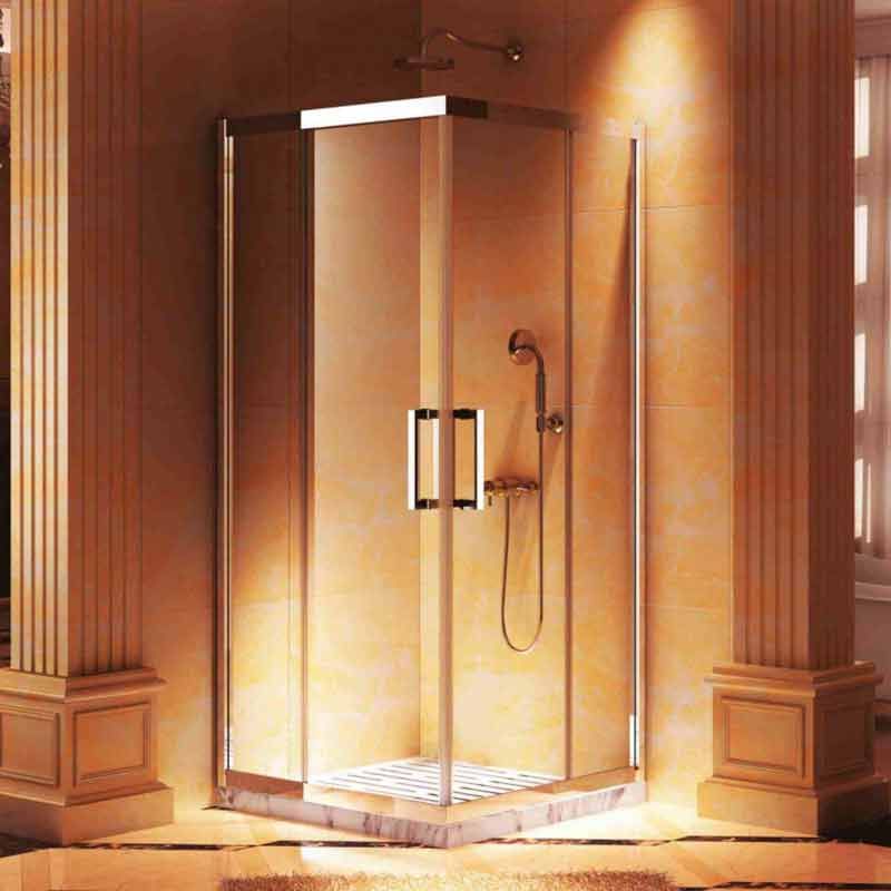 Schlafzimmer mit Bett, blau getönten Glaswänden, die Dusche und Waschtisch umschließen.