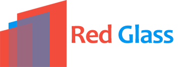 Abstraktes Logo in Rot und Blau mit dem Schriftzug „Red Glass“.
