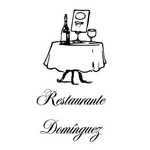Un logotipo en blanco y negro para un restaurante llamado Restaurante Dominguez.