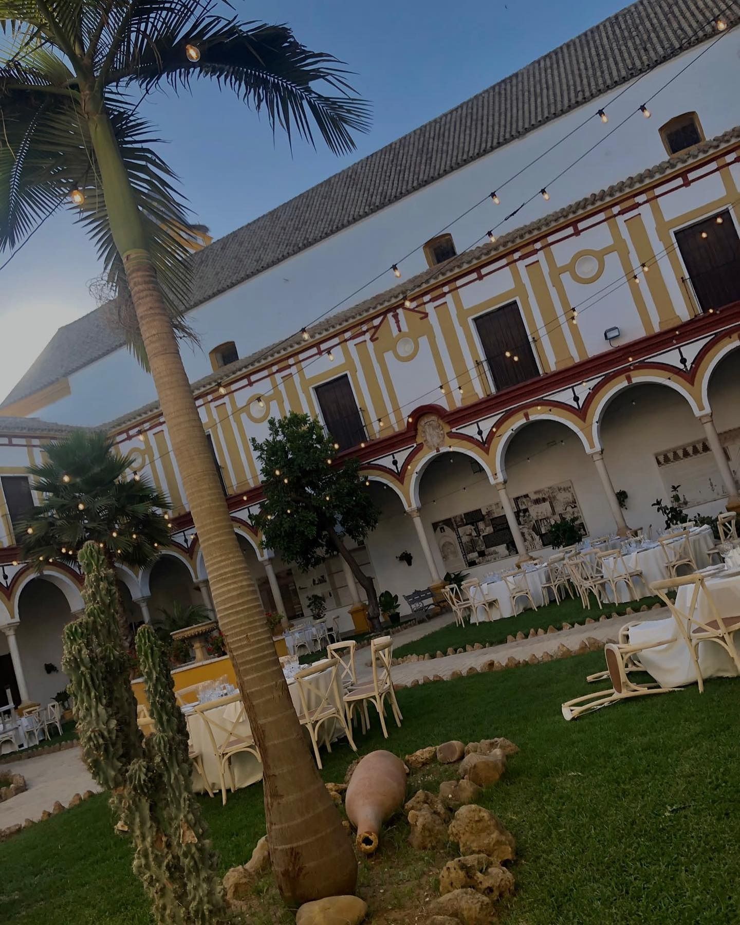 Un gran edificio con arcos y una palmera delante.
