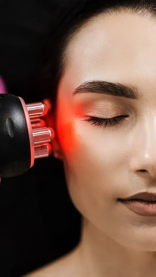 Una mujer recibe un tratamiento de luz roja en su cara.