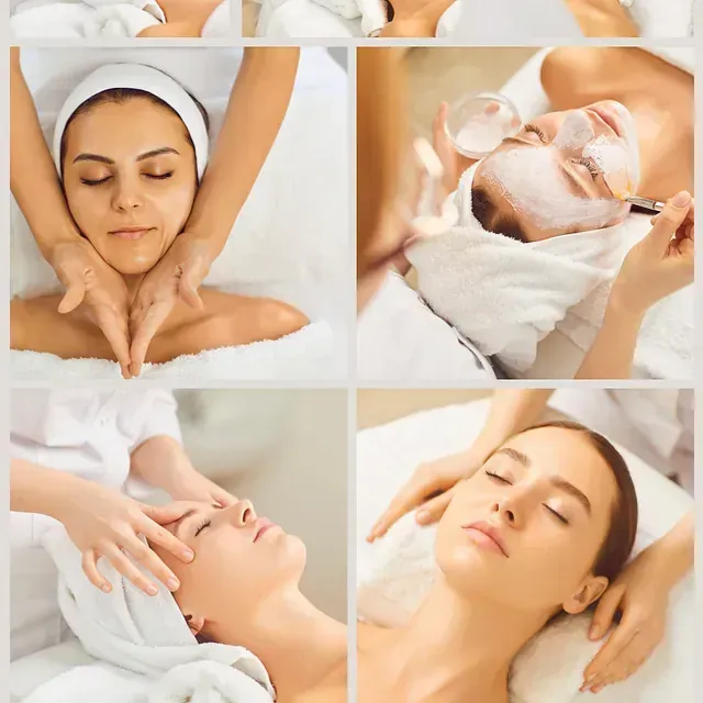 Un collage de cuatro fotografías de una mujer recibiendo un tratamiento facial.