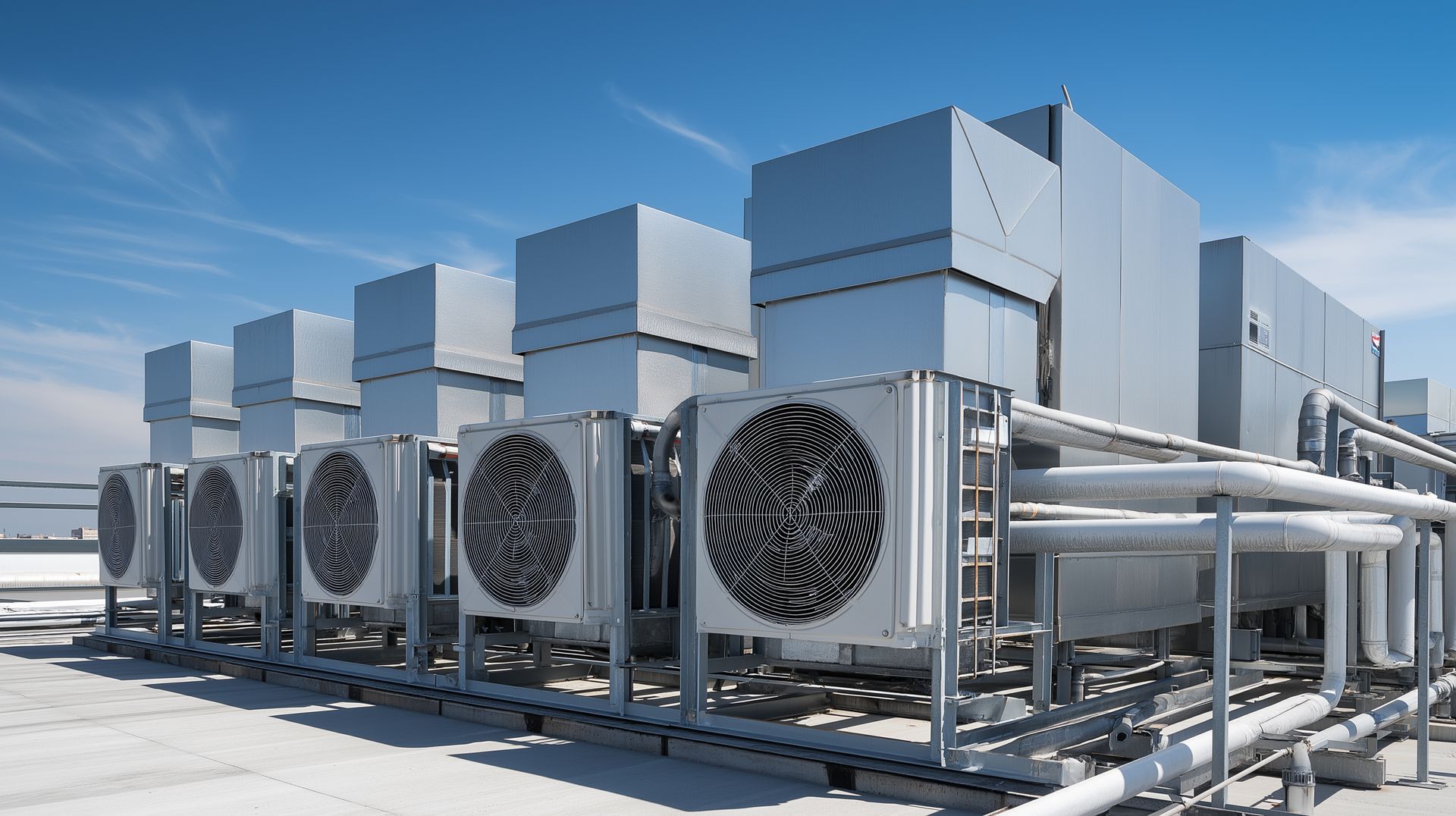 Auf dem Dach eines Geschäftsgebäudes sind unter blauem Himmel mehrere große industrielle Klima- und Lüftungsanlagen installiert. Wir sind Ihr Partner für gewerbliche Klimatechnik in Hamburg.