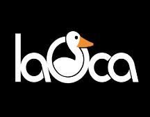 Un pato blanco con un pico naranja está sobre un fondo negro.