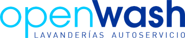 Un logotipo azul y blanco para OpenWash Lavanderías Autoservicio