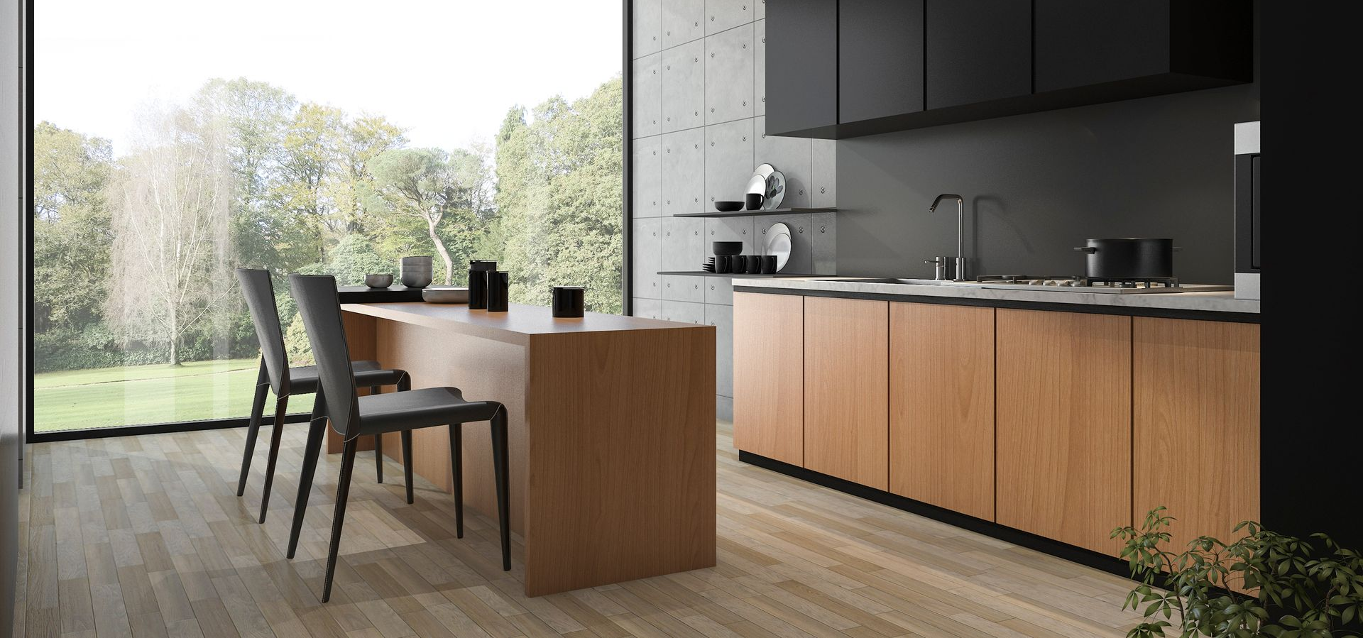 Cuisine moderne avec îlot en bois, armoires noires, chaises de salle à manger et grandes fenêtres donnant sur la verdure.