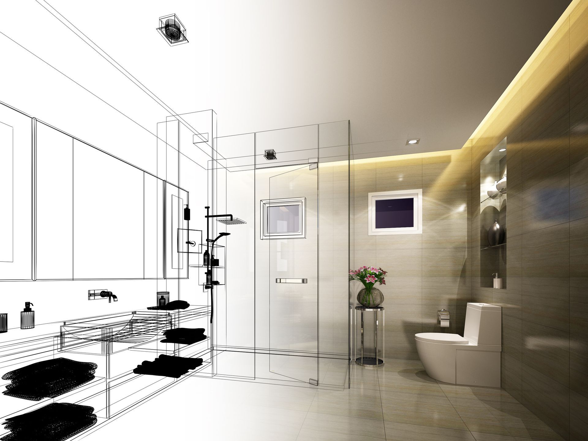 Intérieur de salle de bain moderne avec robinetterie blanche, douche en verre et éclairage chaleureux