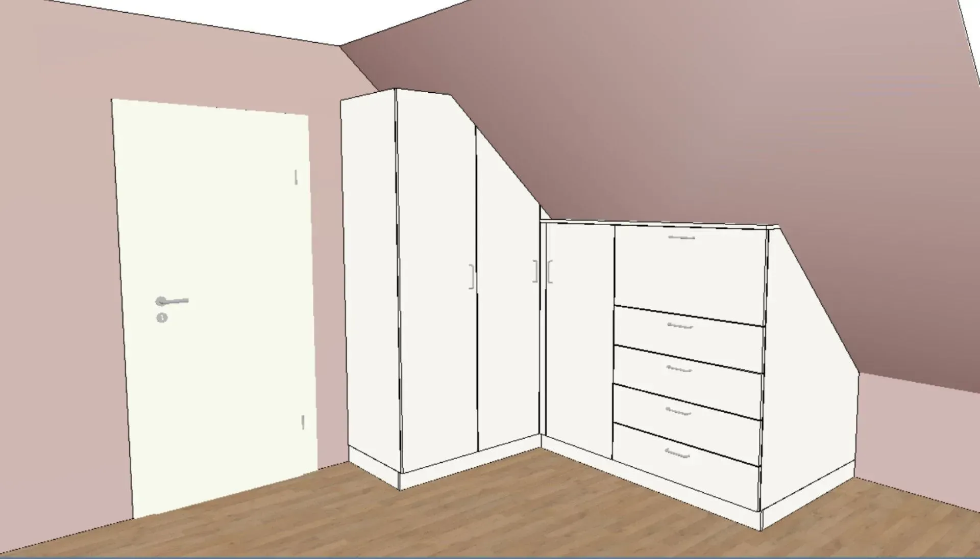 Die Planung von einer weißer Kleiderschrank wurde in einem abgewinkelten Dachzimmer neben einer Tür mit Holzboden installiert.