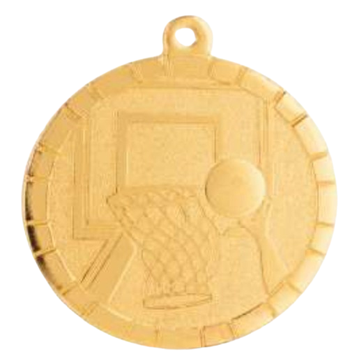 Tres medallas de diferentes colores con una corona de laurel sobre ellas.