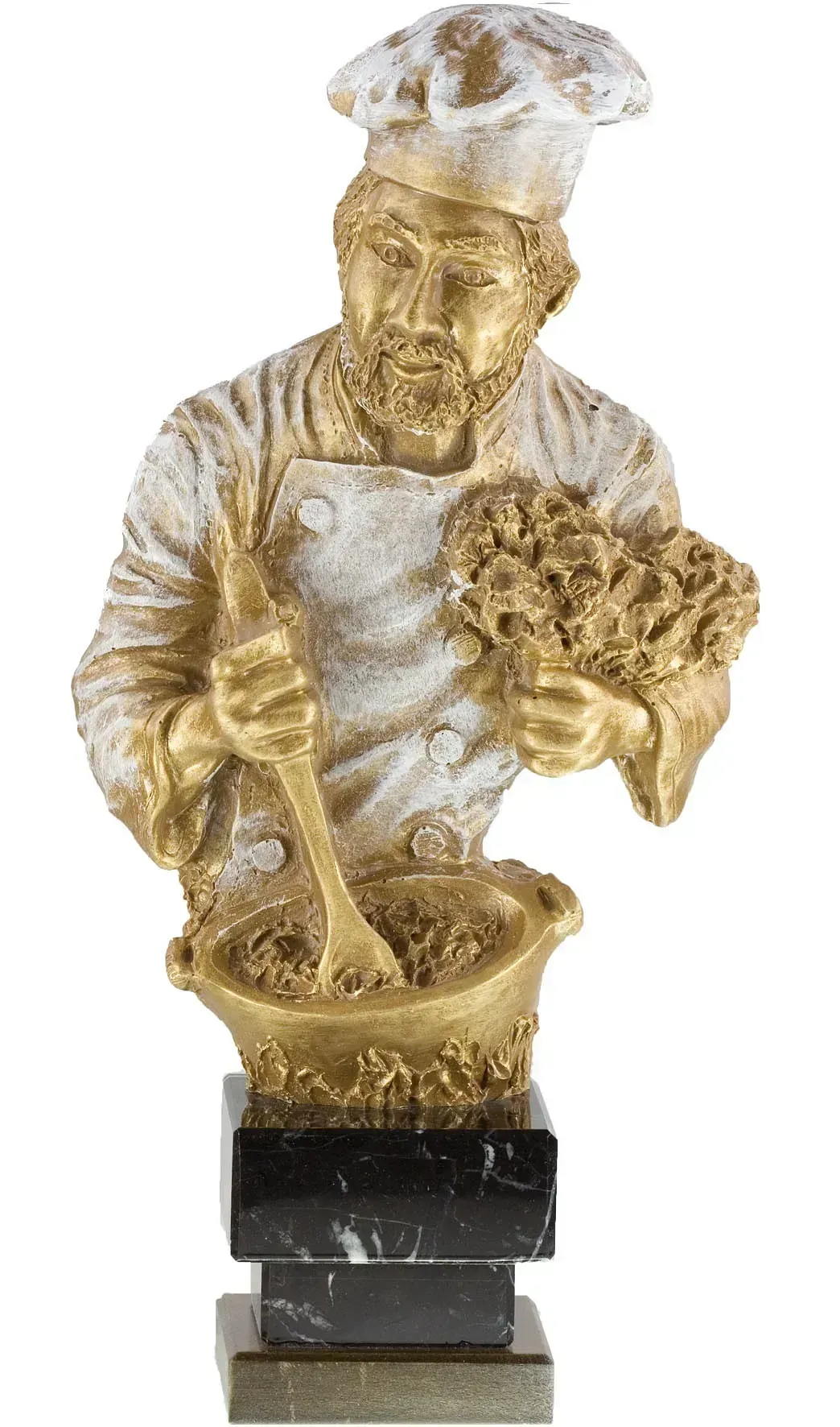 Una estatua de un chef sosteniendo un cucharón y un tazón de comida.