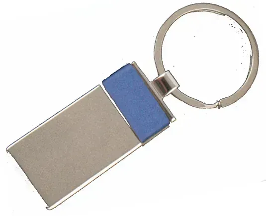 Un llavero plateado con una raya azul.