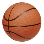 Una pelota de baloncesto naranja con rayas negras sobre un fondo blanco