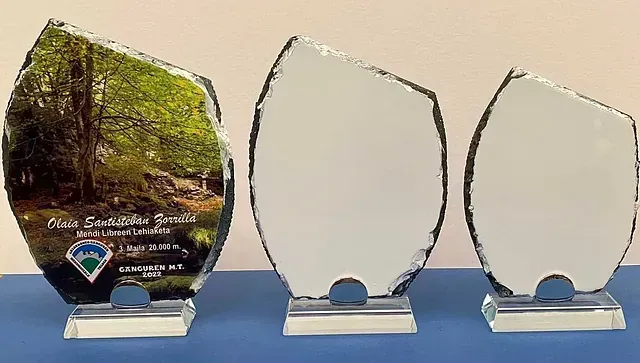 Hay tres trofeos sobre una mesa azul.