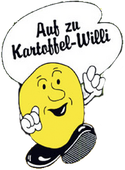 Ein Cartoon einer Kartoffel mit einer Sprechblase, die sagt: „Auf zu Kartoffel-Willi“